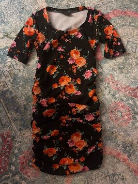 Black Floral Ruched Bodycon Maternity Dress